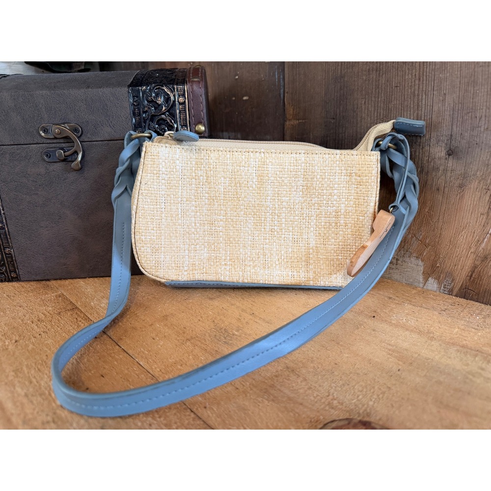 Etienne Aigner Straw Baguette Shoulder Bag Blue Trim Tan Woven Coastal Resort